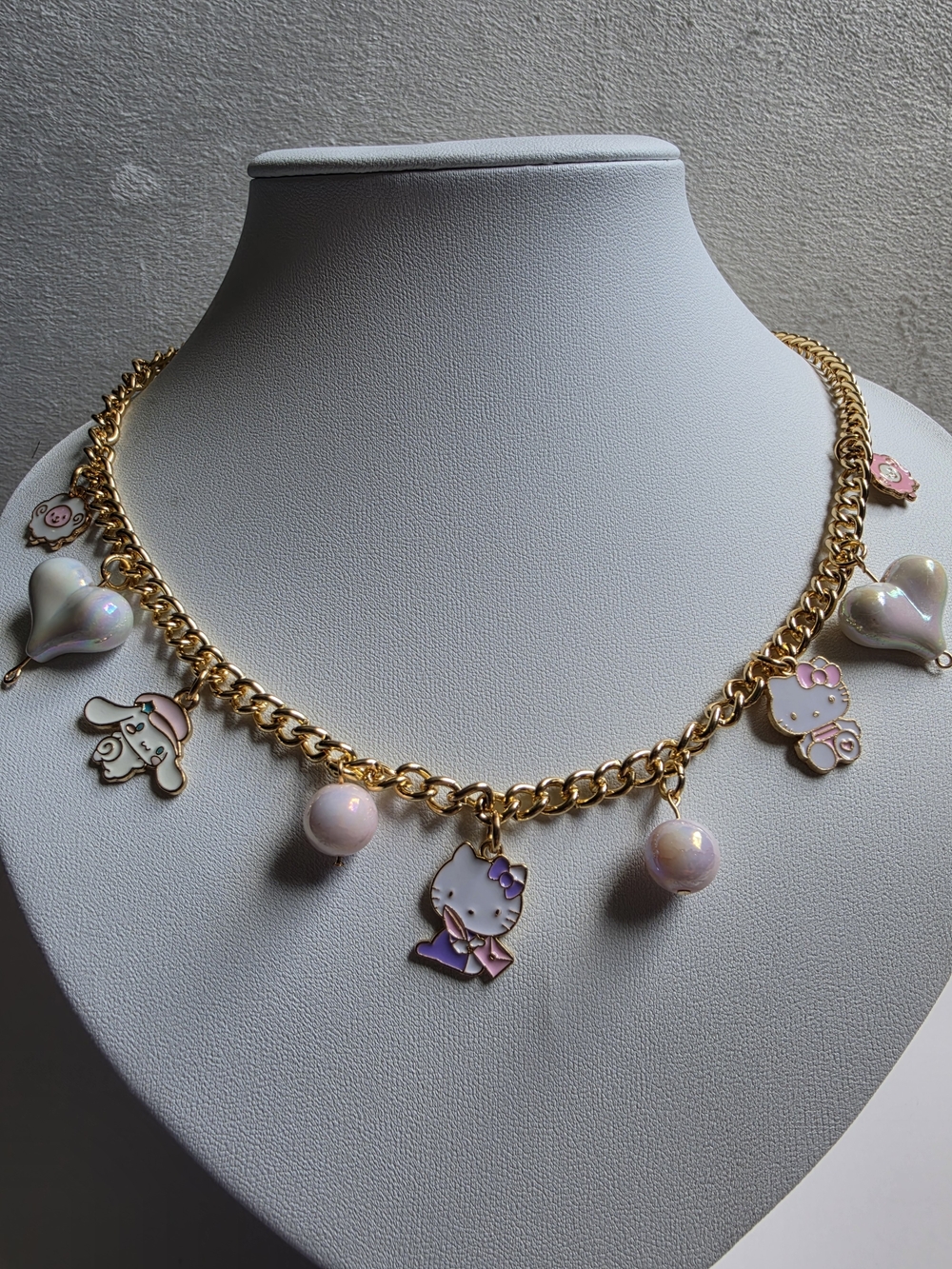Gold Chain Necklace with Pink Enamel Charms and Pearlescent Beads - Picture 2 of 6